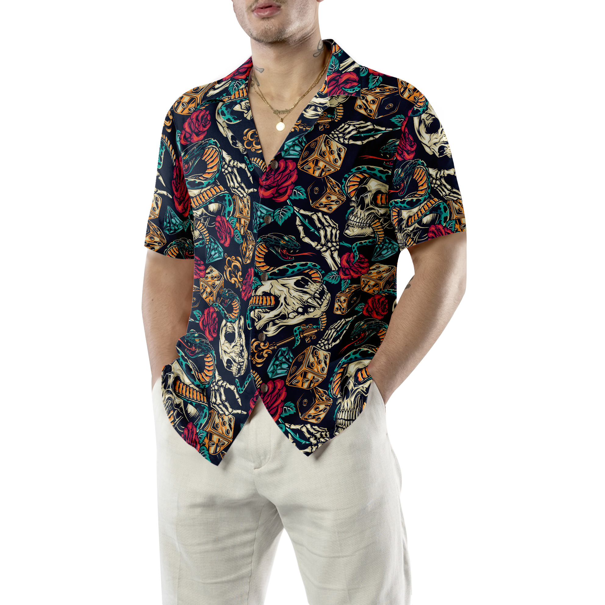 Skulls With Blue Snakes And Red Roses Hawaiian Shirt